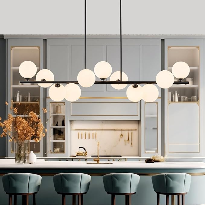 Linear Chandeliers for Dining Room,11 Light Modern Chandelier Black Sputnik Chandelier with Milk White Glass Globe Large Dining Room Light Fixture Over Table, Kitchen Island