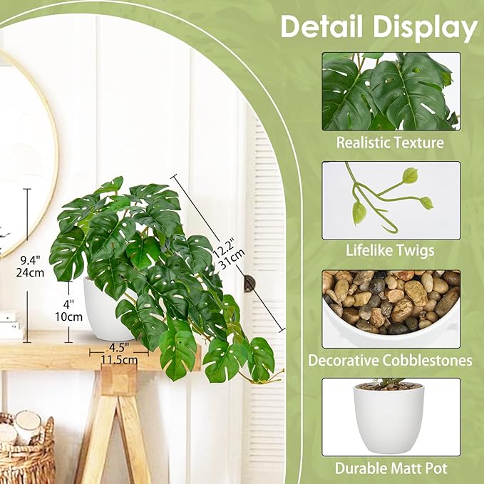 DILATATA Fake Plants Indoor 9 Inch Artificial Monstera Plant in White Plastic Pot - Faux Potted Tropical Palm Plant for Home Aesthetic Decor Living Room Shelf Office