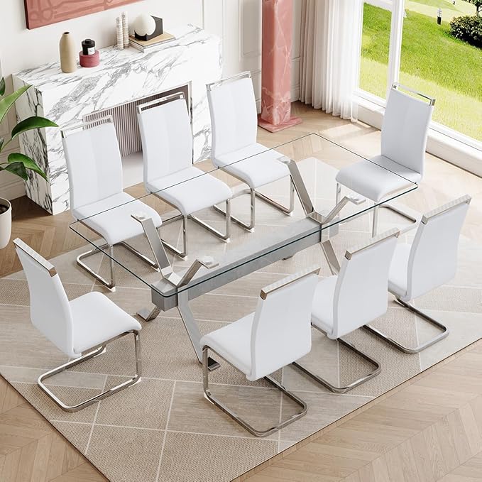 9 Piece Glass Dining Table Set, Kitchen Table Chairs Set for 8, 71'' Dining Table with 0.4" Tempered Glass Tabletop with Plated Metal Legs and MDF Crossbar, 8 PU Chairs for Dining Room, Kitchen.