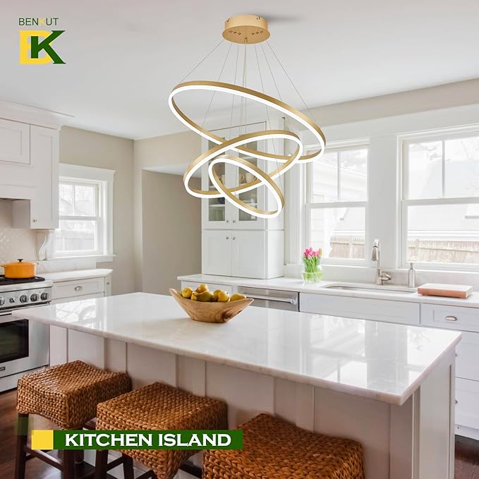 D31.5 Modern LED Chandelier Gold Dimmable 3 Ring Pendant Light for Dining Room, Kitchen Chandelier Circular with Remote Control Flush Mount High Ceiling Light for Living Room, 3000K-6500K