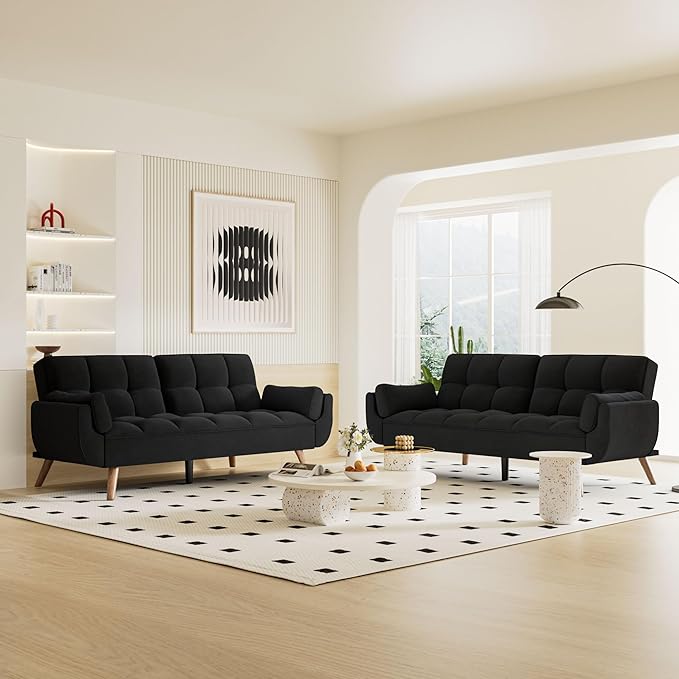 Futon Couch for Small Spaces & Apartment, 2-in-1Modern Comfy Loveseat Convertible Sofa Bed, 75.4-Inch Compact Design for Living Room, Dorms, and Studios-Black