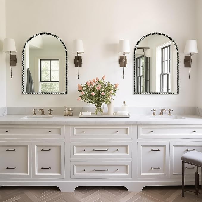 WallBeyond Black Vintage Mirror for Vanity 22x30 Inch, Gold Antique Mirror with Ornate Beaded Frame for Bathroom, Living Room, Fireplace, Entryway