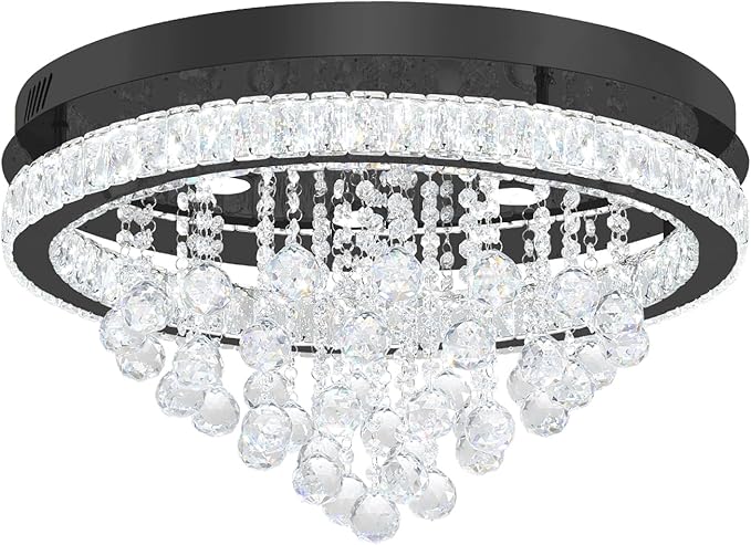 24" Modern Crystal Chandeliers for Dining Room Black Ceiling Chandelier Flush Mount Crystal Ceiling Light for Bedroom Living Room Hallway