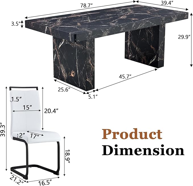 79" Modern Dining Table Set｜Marble Dining Table Set with 6 Faux Leather Chairs｜Engineered Wood with Marble Pattern Tabletop｜Widened and Stable Tablelegs｜Easy Assembly