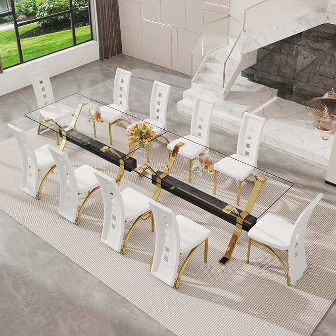 71'' Modern Dining Table Set for 6,7 Piece Glass Dining Table Set with Open‑Frame X‑Shaped Golden Metal Base,Gold Kitchen Table and Chairs Ideal for Dining Room&Home Office
