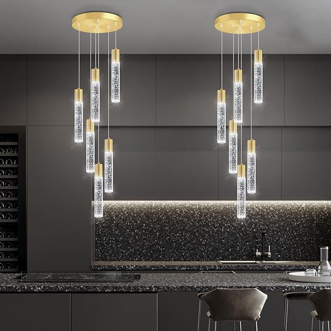 6-Lights Modern Crystal Chandeliers for Dining Room Kitchen Island Crystal Pendants Light Fixture High Ceiling Hanging for Entryway Bedroom Foyer 6000K
