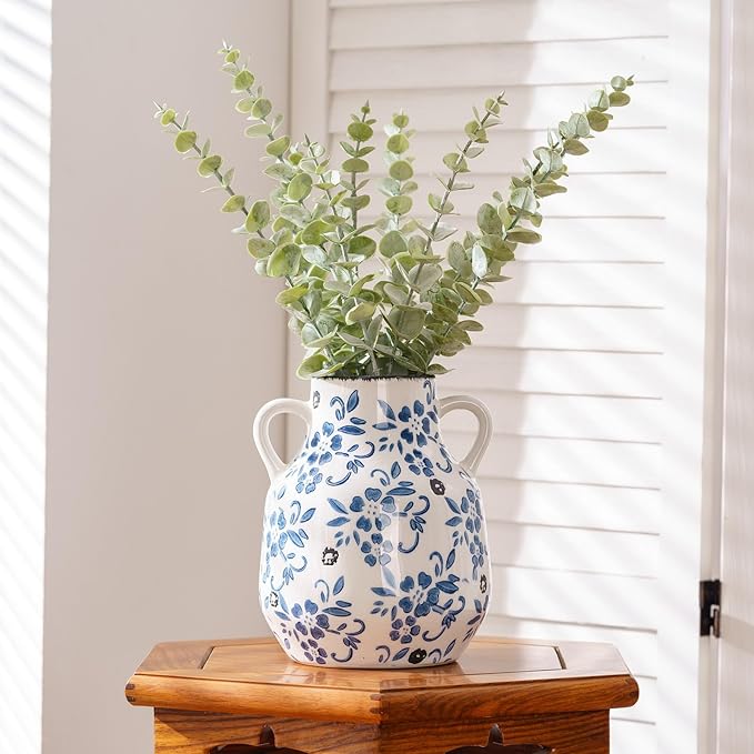 Blue and White Vintage Round Flower Vase with 2 Handles, Chinoiserie Floral Vase, Retro Ice Cracked Ceramic Large Vases for Home Decor, Living Room, Grand Millennial Chinoiserie Decor, 7.7 Inch