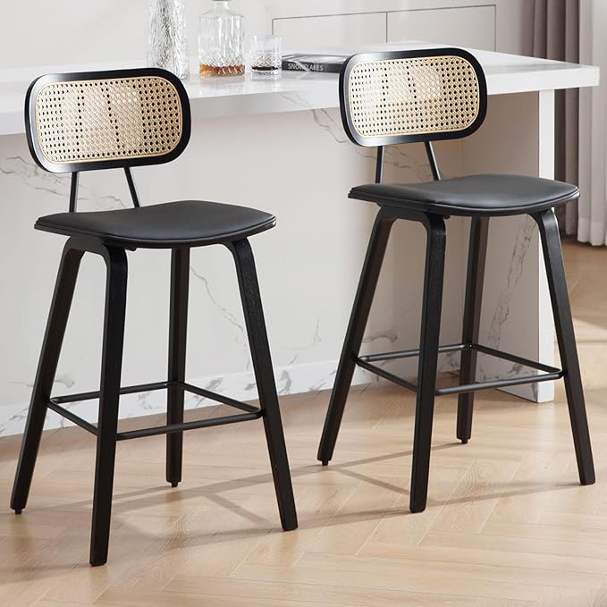 Counter Height Bar Stools Set of 3, PU Leather Upholstered Rattan Barstools, 26" Mid Century Modern Bar Chairs with Black Wood Legs, Armless Kitchen Island Dining Bar Chair, Black