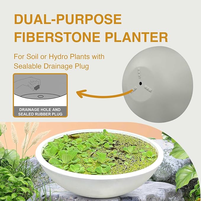7.7" H x 22" D Round Bowl Fiberstone Planter for Succulent and Lotus, Drainage Hole, Weather Resistant for Indoor and Outdoor Use, Included 2 Extra Coco Mats (White, 19.9" Pot Opening)