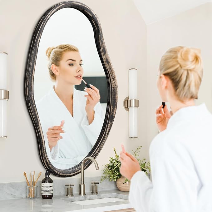 JJUUYOU Irregular Mirror Asymmetrical Wall Mirror 36"x24" Modern Hanging Mirrors for Bathroom Bedroom Living Room Hallway Large Wall Mounted Makeup Dressing Mirrors Rustic Black