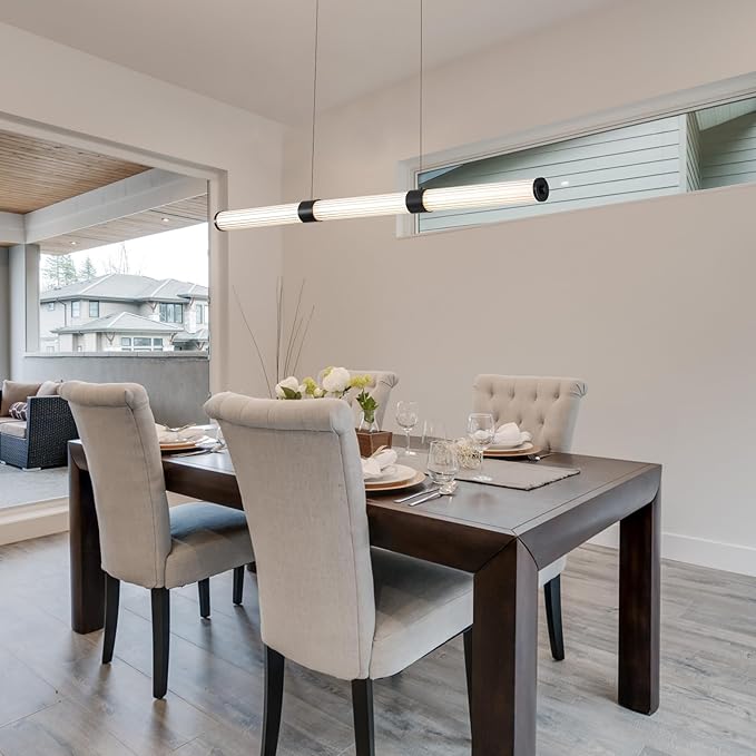 Modern Linear Chandelier, LED Dimmable Black Pendant Light Fixture for Kitchen Island, Dining Room, and Living Room Contemporary Linear Ceiling Light, Easy to Install.