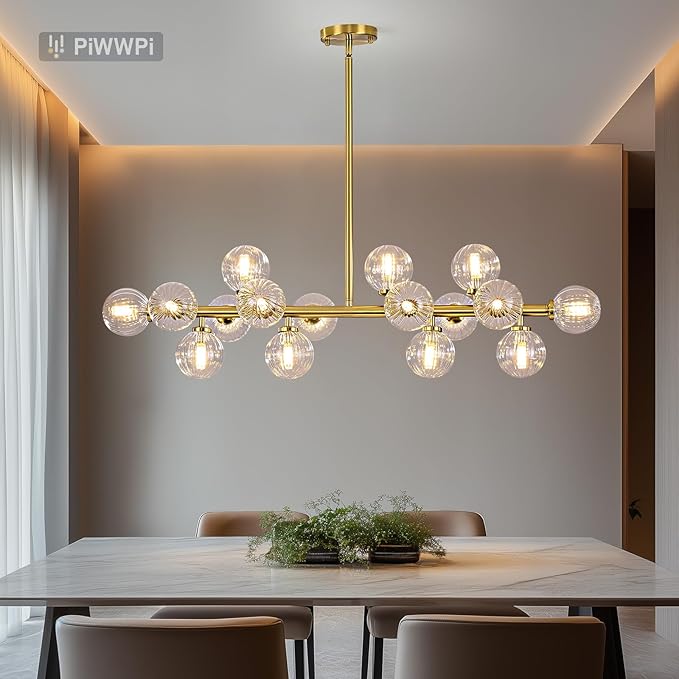 Glass Globe Sputnik Chandelier, 16-Light Mid Century Modern Light Fixture Over Table, Linear Chandeliers for Dining Room, Kitchen Island, Brass Gold and Clear Bubble, 40 Inch, GC-02