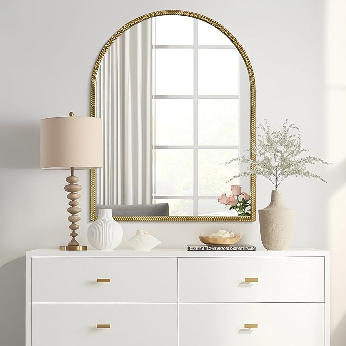 WallBeyond Gold Vintage Mirror for Vanity 28x36 Inch, Gold Antique Mirror with Ornate Beaded Frame for Bathroom, Living Room, Fireplace, Entryway