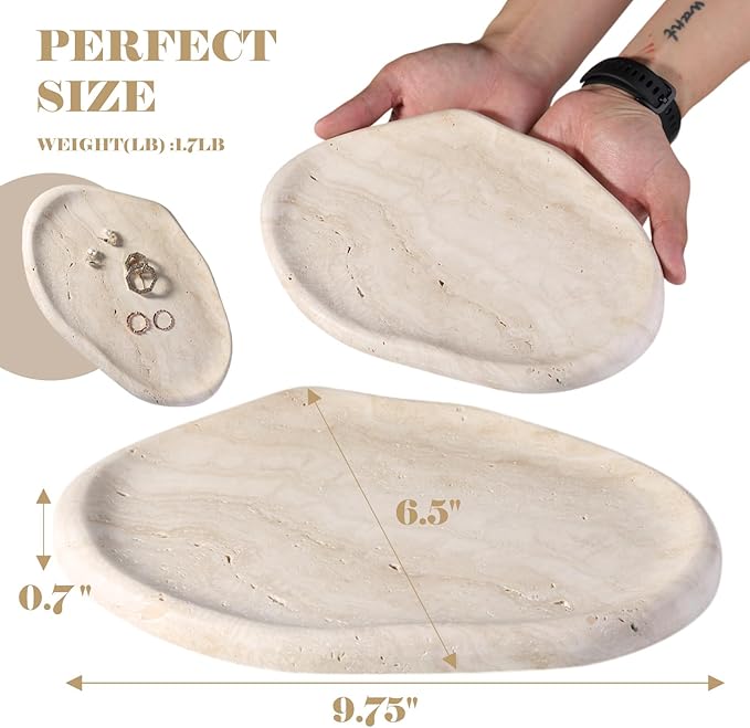 BCS Marble Jewelry Tray Trinket Dish, Decorative Cloud Vanity Key Tray for Women, Perfume Ring Holder Dish for Ring Earring, Cute Jewelry Plate Bowl Aesthetic Room Decor（Beige Travertine）