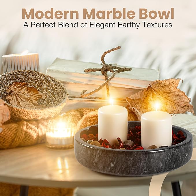 Marble Decorative Bowl - 7.5" Natural Black Solid Marble Centerpiece - Handmade Stone Fruit Bowl - Catch-All or Key Bowl for Kitchen - Modern Minimalist Decor