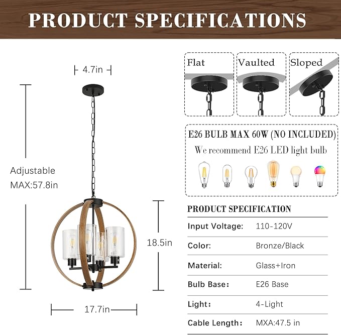 Farmhouse Chandelier Light Fixture, 18in Rustic Dining Room Chandeliers with Glass Shade 4-Light Globe Lighting Fixtures Retro Pendant Lamp for Kitchen Island Entrance Living Room