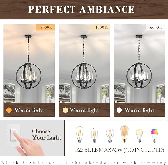 4-Light Black Chandelier Light Fixture, 18in Farmhouse Dining Room Chandeliers with Glass Shade Globe Lighting Fixtures Modern Pendant Lamp for Kitchen Island Entrance Foyer Living Room