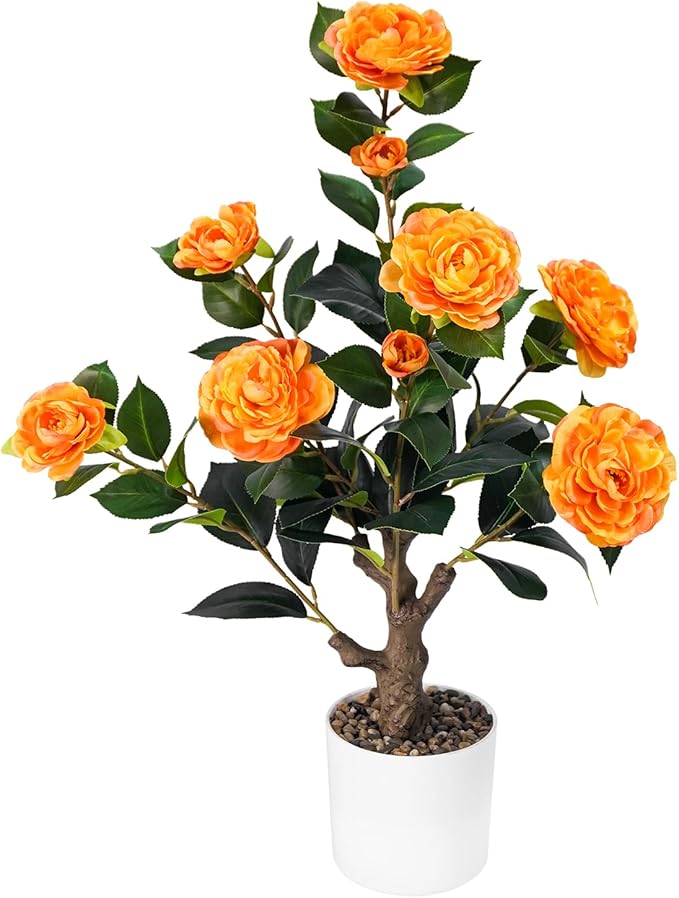 2FT Artificial Camellia Tree, Small Fake Tree for Outdoor Indoor, Plastic Potted Plants for Home Office, Tabletop Desk Orange Flower Plants (1 Pack)