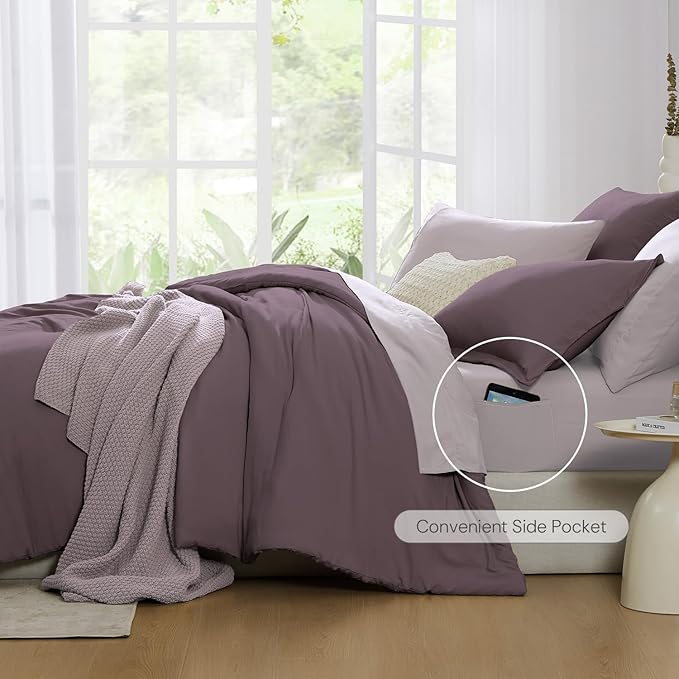 WRENSONGE Queen Comforter Set - 7 Pieces Italian Plum Soft Bed in a Bag Queen with Fitted Sheet, Flat Sheet, 2 Pillow Shams, and 2 Pillowcases- Warm Bedding Sets for All Season