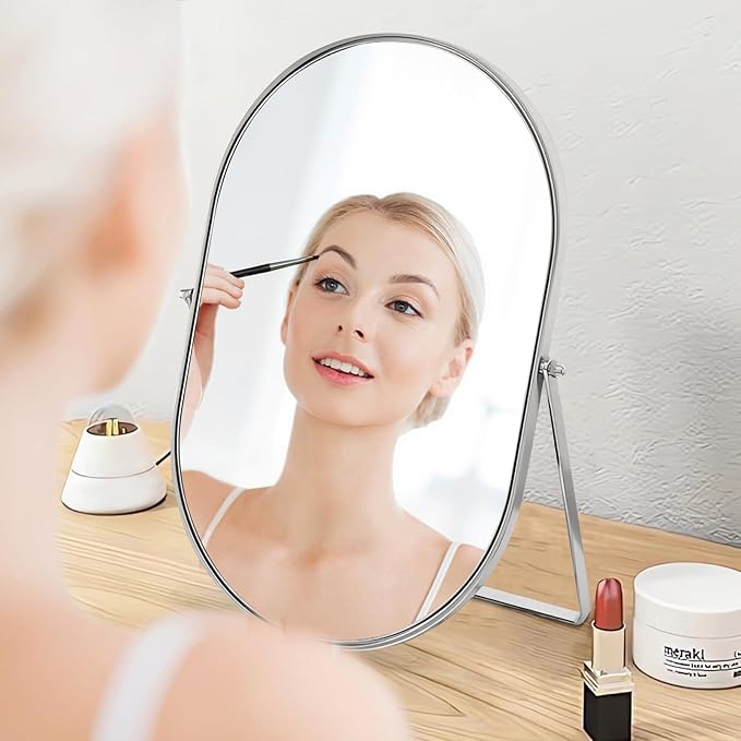 Vanity Makeup Mirror for Desk with Metal Stand Tabletop Mount Makeup Oval Mirrors 90°Adjustable Rotation Portable Cosmetic Mirror for Travel Bedroom,Office, Dresser,Countertop