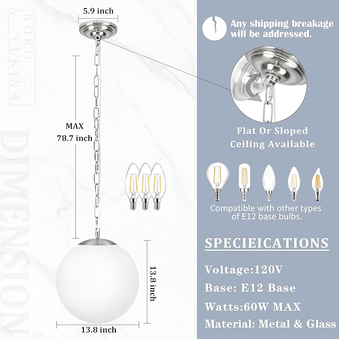 KoKo&Yukina 13.7 Inch Nickel Globe Pendant Light Adjustable Globe Pendant Lights Kitchen Island Mid Century Light Fixture with Milky White Glass Shade for Living Room