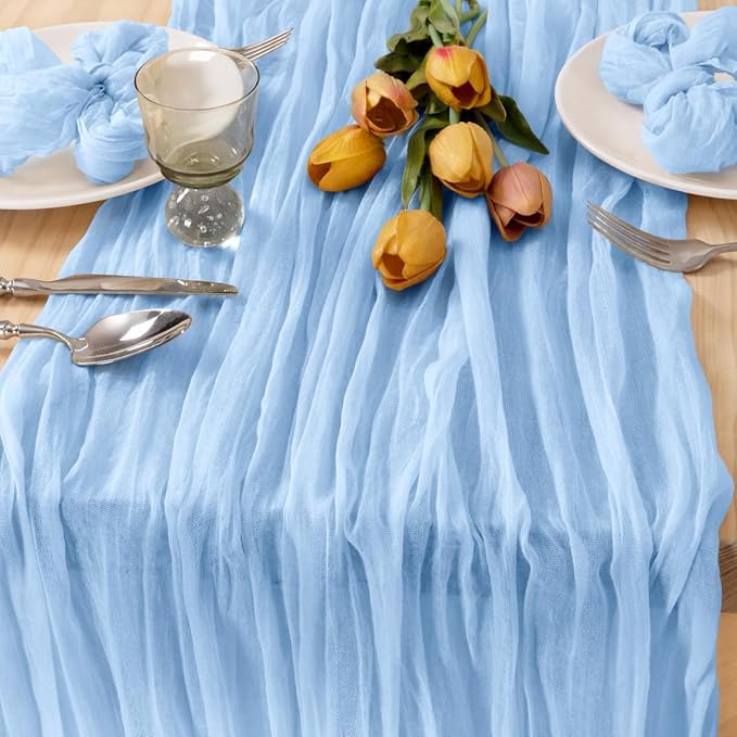 MLMC 12 Pack Baby Blue Cheesecloth Table Runner 10ft Rustic Light Blue Baby Shower Table Runner Bulk 35x120 Inches for Wedding Birthday Baby Shower Gender Reveal Fall Decor