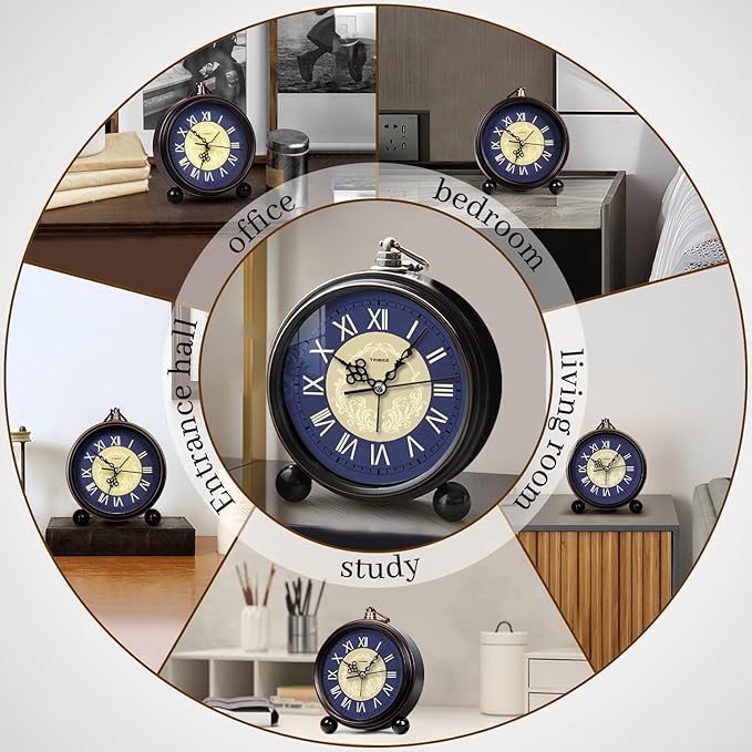 Vintage Analog Alarm Clock, 6.1" Silent Non-Ticking Quartz Desk Clock with Roman Numerals, Battery Operated Table Clock for Bedroom, Living Room, Office, or Gift (Blue)