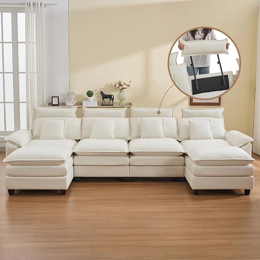 134'' Cloud Modern 4 Seater Couch with Detachable Headrest, Modular Sectional Sofa with 2 Ottoman, Oversized U Shape Chenille Comfy Sofa with Armrests for Living Room, Beige