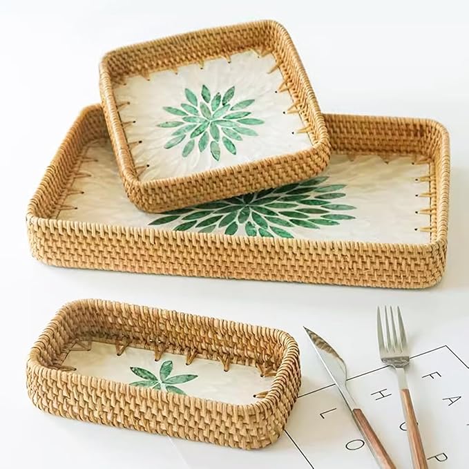 i-lan Set of 3 15 Inch Rattan Woven Serving Tray Basket with Handles and MOP Wooden Base, Boho Wicker Coffee Table Décor Serving Tray with 2 Inch Wall, Handmade Display Basket for Everywhere