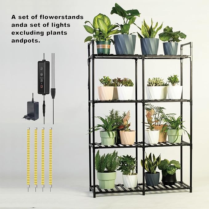 4-Tier Wooden Plant Stand with LED Grow Lights - Adjustable Shelf for Indoor Plants, Living Room, Balcony - Dimmable & Space-Saving (Plants Not Included)