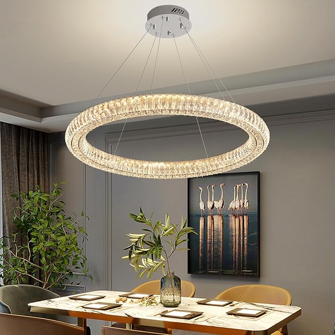 Modern Led Ring Chandelier 1 Ring Dimmable 31.5" Adjustable Round Chrome Crystal Chandelier for Dining Room Living Room
