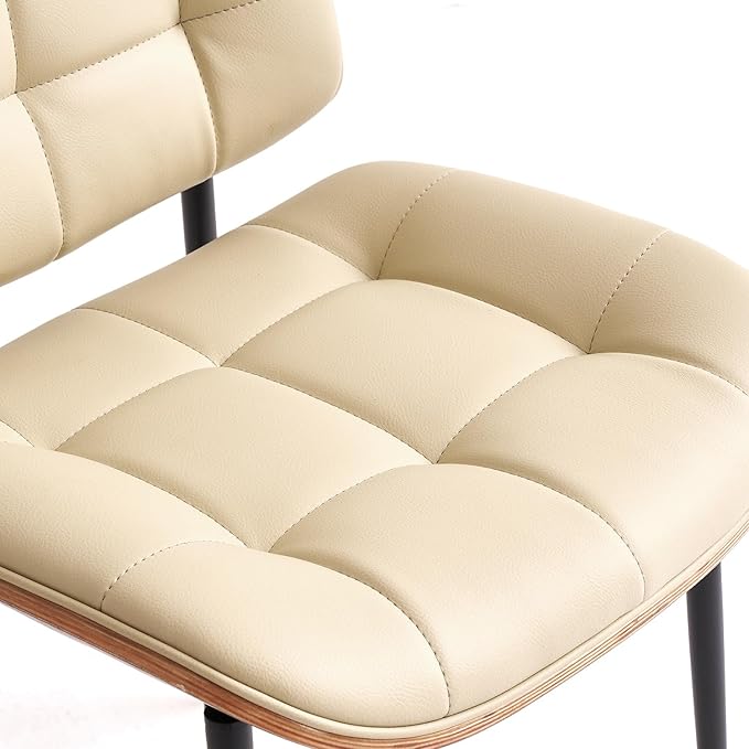 Mid Century Modern Dining Chairs with Walnut Grain Back, Beige Faux Leather Dining Room Chairs Set of 2, Checkered Soft Cushion Kitchen Chairs with Adjustable Foot Pads