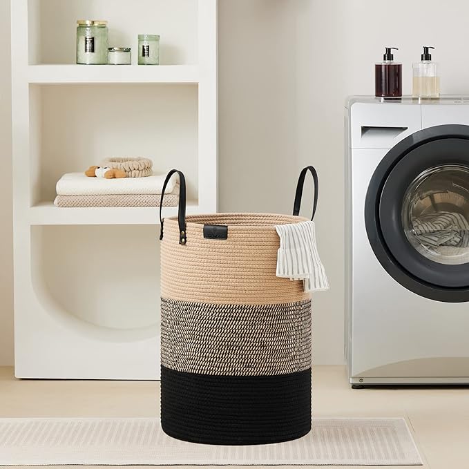 VIPOSCO Tall Laundry Basket, Large Dirty Clothes Hamper with Leather Handle, Woven Rope Storage Basket for Blanket, Toy In Living Room, Bathroom, Bedroom - 72L Brown & Black