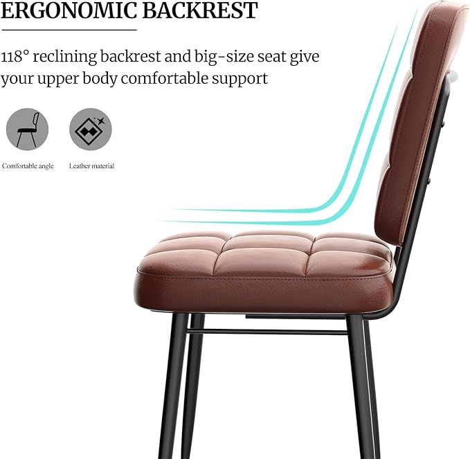 Leather Dining Chairs Set of 6, Upholstered Dining Room Kitchen Chairs with Thick Cushion, High Backrest, Metal Legs, Mid Century Modern Side Chair for Home Living Room Cafe Restaurant, Brown