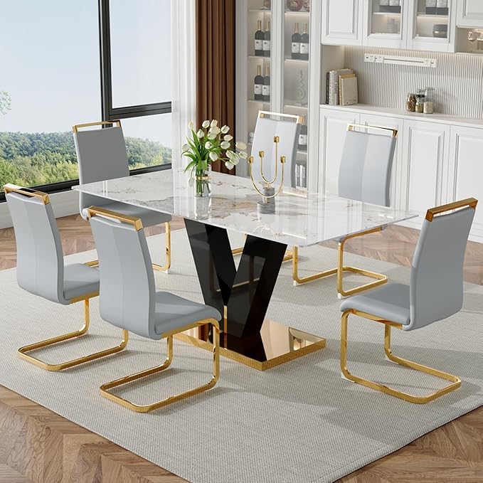 71'' Dining Room Table Set for 6,Marble Dining Table Set,Modern Kitchen Table with 6 PU Leather Chairs,Gold Dining Table Set with V-Shaped Black Glossy Pillars,Ideal for Kitchen Dining Room
