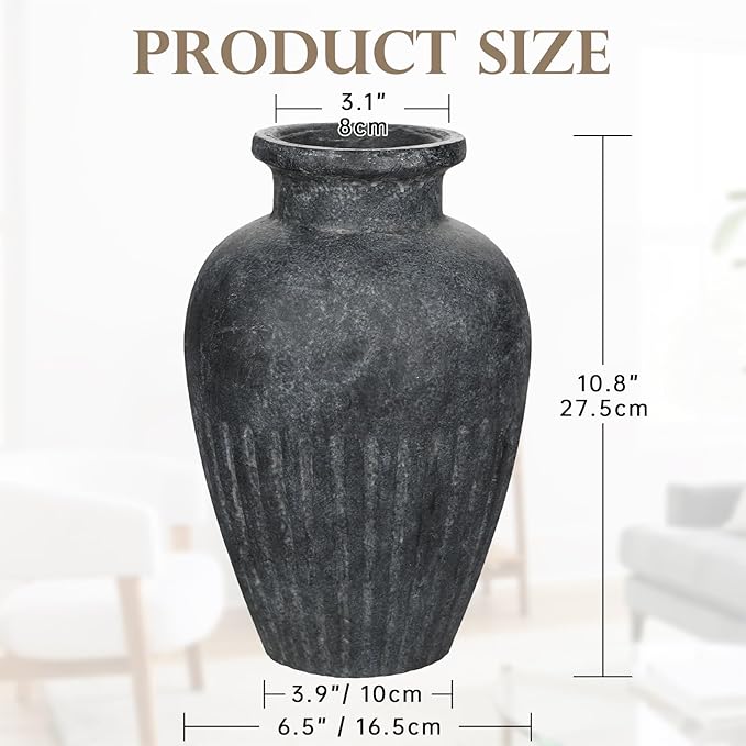 Rustic Ceramic Vase 11 Inch Farmhouse Pottery Clay Vase Distressed Flower Vases for Boho Home Decor Living Room Enterway Shelf Decor Pampas Grass - Gray