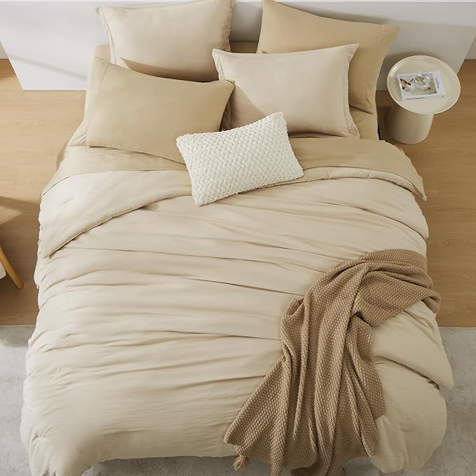 WRENSONGE King Size Comforter Set, 7 Pieces Beige Soft Bed in a Bag King with Fitted Sheet, Flat Sheet, 2 Pillow Shams, and 2 Pillowcases- Warm Bedding Set for All Season
