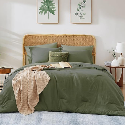 WRENSONGE Oversized Queen Comforter Set - 7 Pieces Olive Green Bed in a Bag Queen with Sheets, 2 Pillow Shams, and 2 Pillowcases- Warm Bedding Sets Queen for All Season