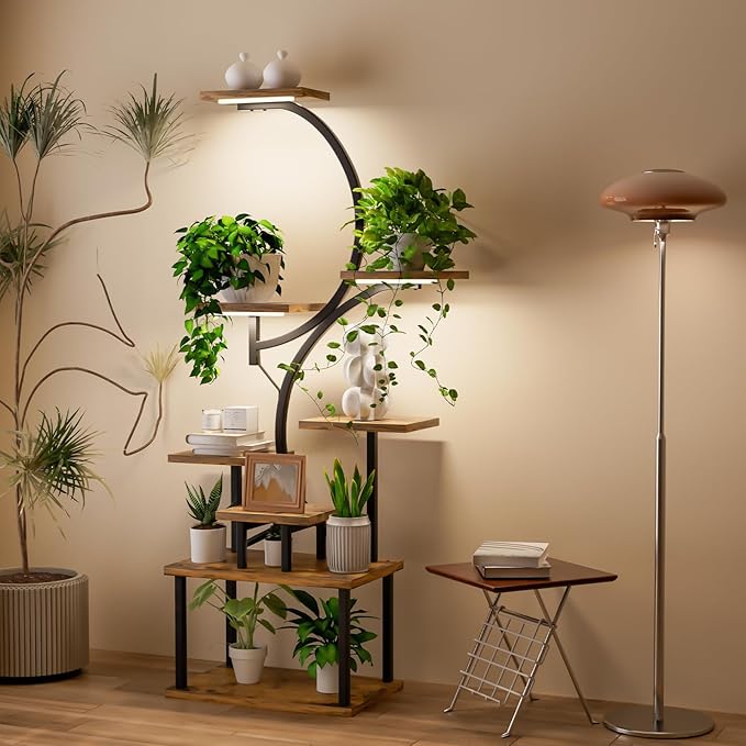 62.1" Tall Plant Stand Indoor with Grow Lights, 8 Tiered Metal Corner Plant Shelf Display Rack for Indoor Plants, S-Shaped Decorative Rack Large Flower Holder Stand for Living room, Patio, Bedroom