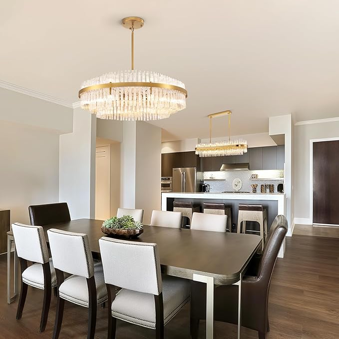 Siljoy Modern Crystal Chandelier, 39.4'' Luxury Gold Round 3-Tiers Raindrop Chandelier, Large Farmhouse Crystal Pendant Ceiling Light Fixture for Dining Living Room Kitchen Island Foyer, G9 x 24