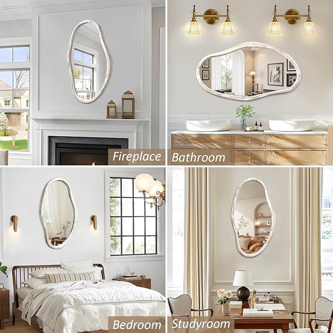 JJUUYOU Asymmetrical Mirror Modern Irregular 34"x22" Large Wall Mounted Mirror with Wooden Frame for Bathroom Bedroom Living Room Hallway Mirrors White