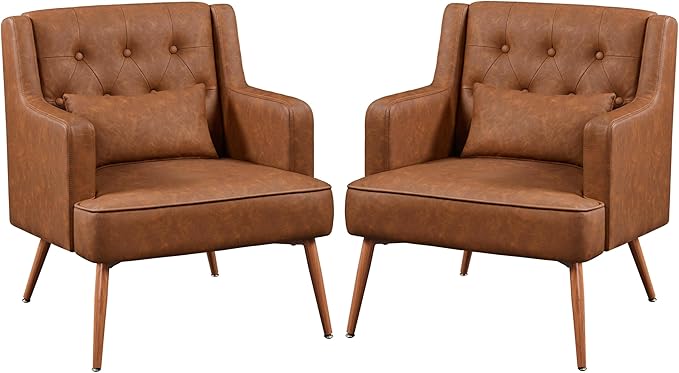 Yaheetech Accent Chair, Living Room Chair Mid Century PU Leather Armchair Lumbar Pillow, Comfy Upholstered Reading Chair Wood Leg Bedroom Brown 2PCS