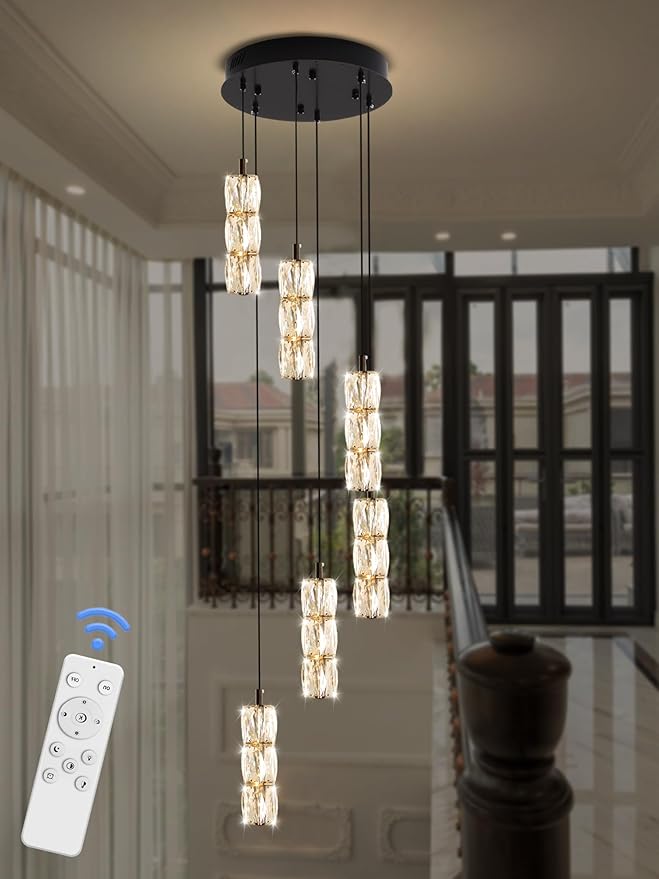 H78 Pendant Lights Kitchen Island 6-Lights Pendant Chandelier for Dining Room Hallway Stairwell,LED Dimmable 2700K-6000K (Black Chandelier)