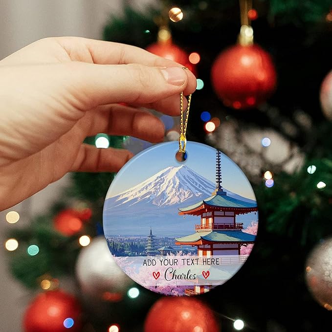 Personalized Text/Name Mount Fuji Ceramic Ornament Christmas 2025, Japanese Trip Souvenir Xmas Tree Hanging Ornament, Mount Fuji Landscape Ornaments, Custom Tokyo City Ornaments Gift for Japan Lovers