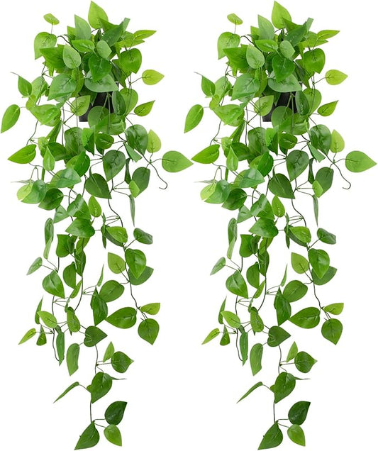 LOYWREE 2 Pack Small Artificial Hanging Plants with Faux Ivy Vine and Hanging Pothos 39Inch Fake Plant Realistic Greenery for Shelf Decor in Home, Office, Indoor & Outdoor Gardens