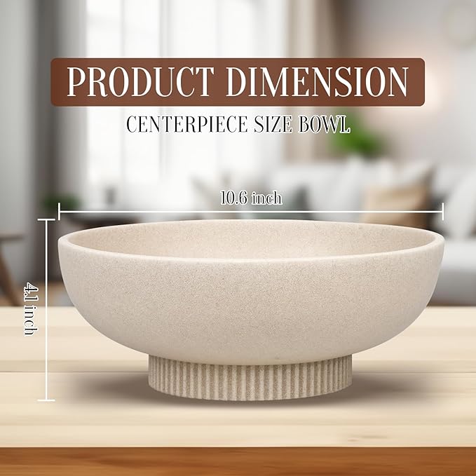 Large Resin Pedestal Decorative Bowl - Modern Handicraft Bowls for Home Decor - Fruit Bowl for Kitchen Counter - Key Bowl for Entryway Table,Artificial Stone Beige