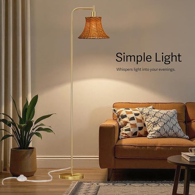 Floor Lamp,67" Modern Vintage Standing Lamp with Bamboo Weave Lampshade Metal Pole for Living Room, Bedroom, Office - Heavy Base,Pedal Switch(Include E26 Bulb)