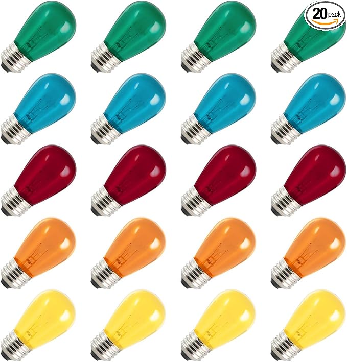 Pack of 20 pcs S14 Multicolored Replacement Glass Bulbs – 11 W E26 Bubs for Commercial Grade Outdoor Patio Yard Holiday Decoration Vintage String Lights