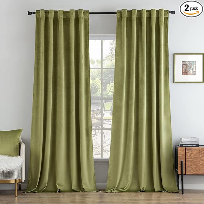 MIULEE Velvet Curtains 96 inches 2 Panels - Luxury Room Darkening Curtains for Bedroom Living Room Thermal Insulated Super Soft Window Drapes Rod Pocket & Back Tab, Moss Green, W52 x L96 inches