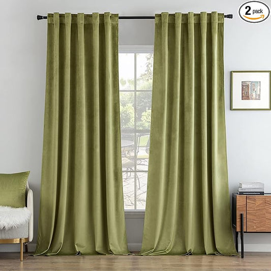 MIULEE Velvet Curtains 108 inches Long 2 Panels - Luxury Room Darkening Curtains for Bedroom Living Room Thermal Insulated Noise Reducing Super Soft Window Drapes Rod Pocket & Back Tab, Moss Green